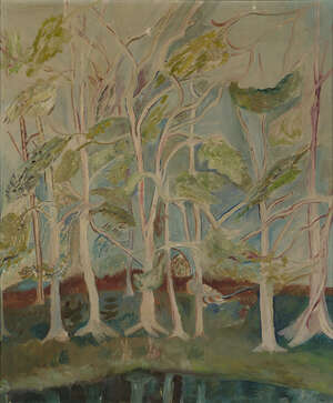 Hazel King-Farlow, 
		American 1903-1995- 
		 
		Tall Trees near Battle, 1939; 
		 
		oil on canvas, bears inscribed label to the reverse, 76 x 64 cm. 