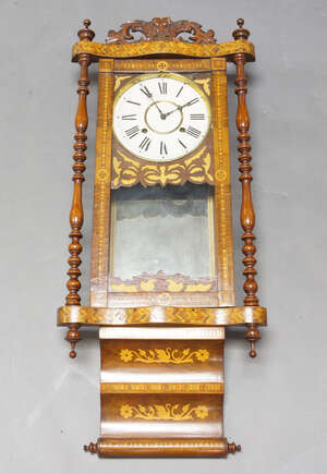 
	
		An Edwardian mahogany and inlaid drop dial clock, early 20th century, with coiled gong...