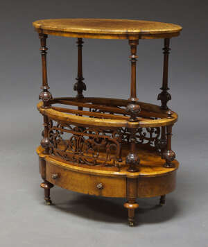 
	
		A Victorian figured walnut and boxwood inlaid two-tier occasional table, the oval top on...