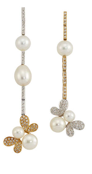 
	
		A pair of diamond and cultured pearl 'honeybee' two colour earrings, designed with...