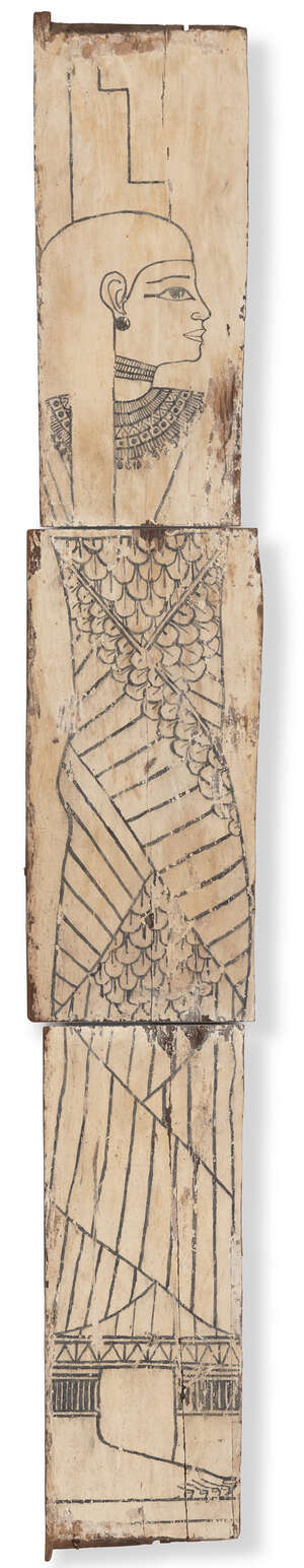 
	
		A painted wood panel in the Egyptian style, 20th century, formed of three sections,...