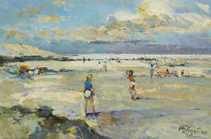 
	
		Michael D'Aguilar, 
		British 1924-2011- 
		A la plage, un souvenir; 
		oil on canvas...