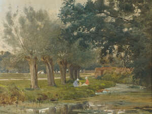 
	
		Claude Hamilton Rowbotham, British 1864-1949- Women seated on the banks of a river;...