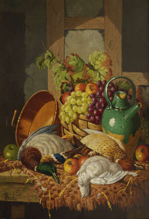 
	
		Charles Thomas Bale, 
		British 1849-1925- 
		 
		Fruit and tinware with game;
		 
		