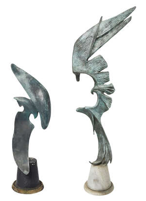 
	
		British School,
		mid 20th century-
		 
		Two flying bird sculptures;
		 
		bronzes...