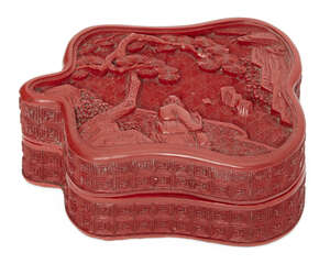 A Chinese cinnabar lacquer fan-shaped treasure box, Qianlong period, finely carved to the cover...