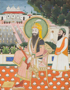 
	
		A portrait of Maharaja Ranjit Singh on a terrace, Sikh school, North India, circa 1850,...