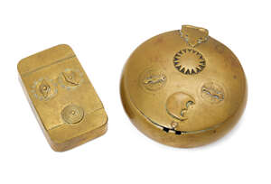 
	
		Two English brass combination tobacco boxes, 18th century, comprising: a circular box...