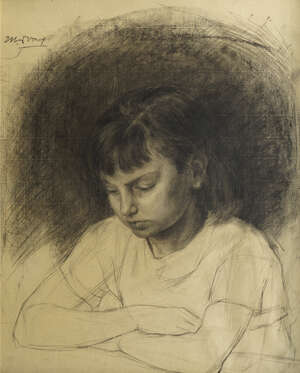 Jan Toorop, 
Dutch 1858-1928- 
 
Study of a girl leaning on a desk; 
 
graphite and charcoal on...