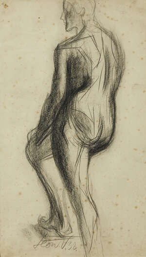 Leon Underwood, 
		British 1890-1975-
		 
		Standing male nude with right leg on step, 1932;
		 
		conte on paper, signed and dated, 54x37.6cm (ARR)
		