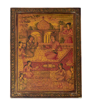 
	
		A Qajar lacquer papier mache mirror case 19th century, signed and dated 1224AH/1809AD, of...