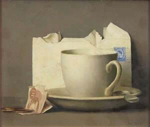 
	
		Gerald Norden, 
		British 1912-2000-
		 
		Still life of a cup and saucer, a letter...