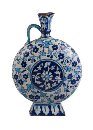 
	
		A Sind pottery pilgrims flask, India, 19th century, on a rectangular base, the flat sides...