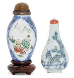 
	
		A Chinese porcelain doucai snuff bottle, 19th century, decorated with a deer beneath a...