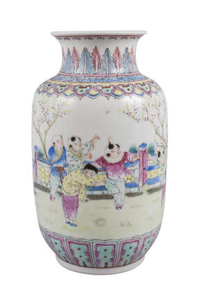 
	
		A Chinese porcelain vase, Republic, painted in famille rose enamels with boys playing in...