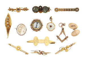 A group of jewellery and other items, including: eight late 19th or early 20th century gold brooches, one 15ct gold and sapphire single stone, Chester hallmark