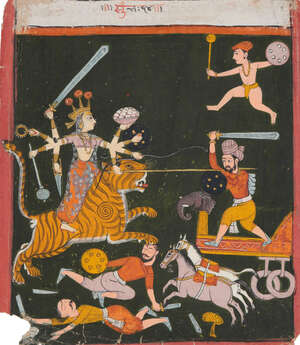 
	
		The Goddess Durga in battle, Rajasthan, India, 19th century, opaque pigments on paper...