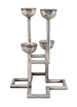 A pair of modern two branch angular interlocking candlesticks, Sheffield c.2014, maker BP, 25.5cm high, approx 28.5oz (2)