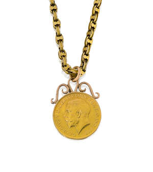 A George V gold sovereign pendant necklace,1914, the double scroll surmount to a fancy belcher link chain, length 54.0cm, approximate weight of pendant 8.8g
	