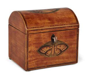 
	
		A Regency inlaid satinwood dome-top tea caddy, inlaid with butterfly and shell motifs,...