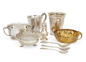 A silver dragon-handled mug, London, c.1972, Wakely & Wheeler, together with a beaker decorated with repousse acanthus leaves, London, c.1910, HL, a porringer 