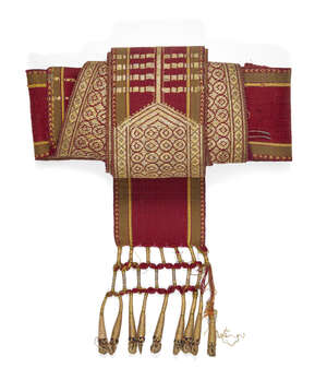 
	
		A Mughal gilt-metal thread embroidered belt, India, 19th century, with loop for handing...
