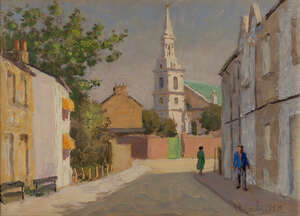 
	
		Alan Stenhouse Gourley PROI, 
		British 1909-1991 - 
		 
		Old Greenwich; 
		 
		oil...