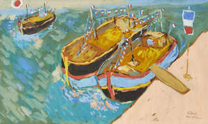 Fikret Mualla,
		Turkish 1903-1967-
		
		Péniches sur la Seine;
		
		gouache, signed lower right, 34.7 x 55.8 (ARR) 
		 
		Provenance: Stephen Ongpin,