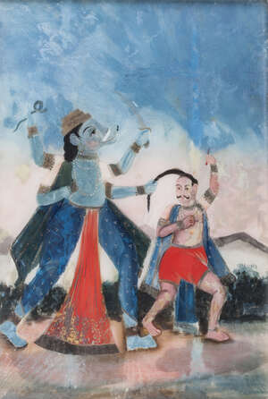 
	
		A group of six reverse glass paintings, India, 19th century, depicting various subjects...