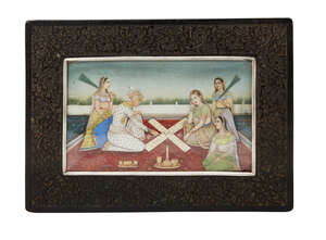 
	
		A Delhi school miniature on ivory depicting chaupad players, India, circa 1880, of...