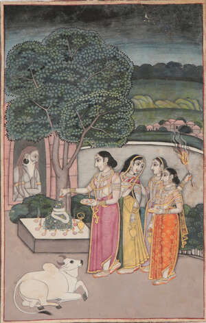 
	
		Maidens at a lingam shrine beside a hermitage in which a fakir sits, Murshidabad, late...