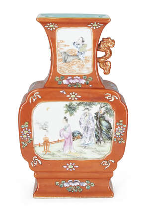 
	
		A Chinese porcelain famille rose coral-ground vase, hu, Republic period, painted to the...