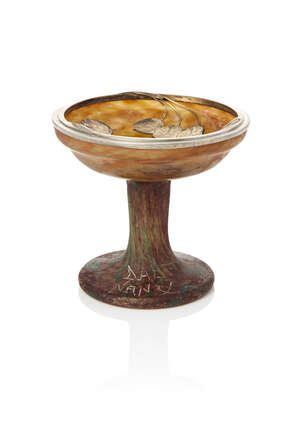 
	
		Daum, an Art Nouveau stemmed glass bowl with silver appliqué
		c.1905, wheel engraved...