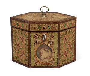 
	
		A George III paperscroll hexagonal tea caddy, the front inset with a painted female...