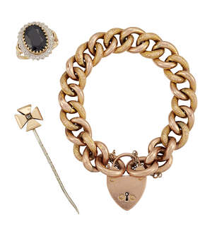 
	
		A small group of jewellery, comprising: a Victorian gold bracelet of curb link design...