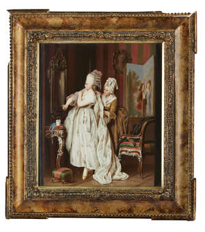
	
		A Dresden porcelain still life painting of a lady at her toilet by L Sturm, 19th century,...
