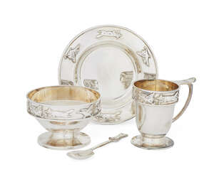 A fox and bird design silver gift set, by Asprey & Co., Birmingham, c.1970, Albert Edward Jones, comprising spoon, dish, jug and bowl, each chased with running