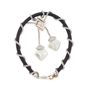 A freshwater cultured pearl and diamond bracelet, designed as a rubber cord with wrapped...