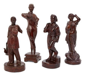 
	
		Four Chinese carved wood Cultural Revolution workers, 1960s/70s, each depicting a...