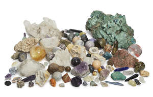 
	
		A large collection of mineral specimens, including polished spheres, quartz, amethyst,...