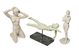RTO John Bonar Dunlop ARBS,
		New Zealander/British 1916-1992-
		 
		Old man with arms crossed, Kneeling woman, and Swimmer;
		 
		three sculptures made