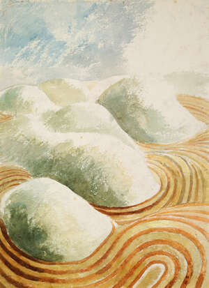 
	
		Michael Cullimore, British b.1936- "Wiltshire Barley Down"; watercolour and pencil,...