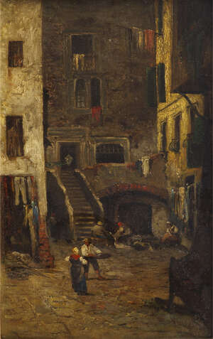 
	
		A Kaufmann, European School, mid/late 19th century- Street scene in Rome, 1883; oil on...