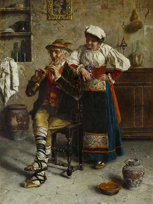 
	
		Eugenio Zampighi, 
		Italian 1859-1944- 
		His favourite tune; 
		oil on canvas, signed...