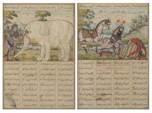 
	
		Two Qajar illustrations to a Shahnameh, Iran, mid-19th century, gouache on paper...