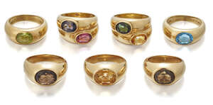 
	
		A group of seven gem-set rings, comprising: three rings by Deakin & Francis; two by Kiki...