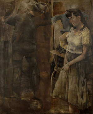 
	
		Paul Rebeyrolle, 
		French 1926-2005 - 
		 
		Au Revoir Madame, c.1950; 
		 
		oil on...