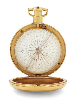 
	
		A Regency gilt brass pocket compass, by Berge, London, c.1820, the enamel dial marked in...