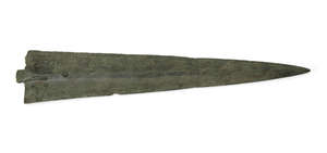 A heavy Bronze Age bronze short sword with leaf-shaped blade and pronounced midrib, cylindrical...