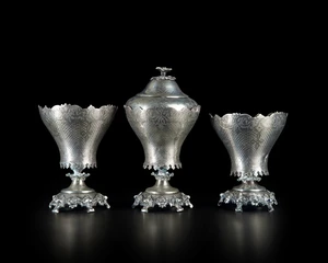 Three silver sweet meat pots,&nbsp;Ottoman Turkey, 19th century,&nbsp;
Each on five feet, with splaying...